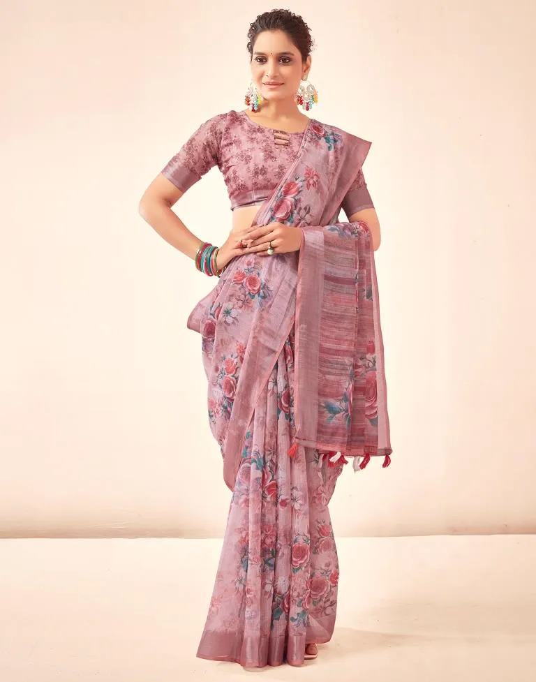 Rose Pink Linen Printed Sarees