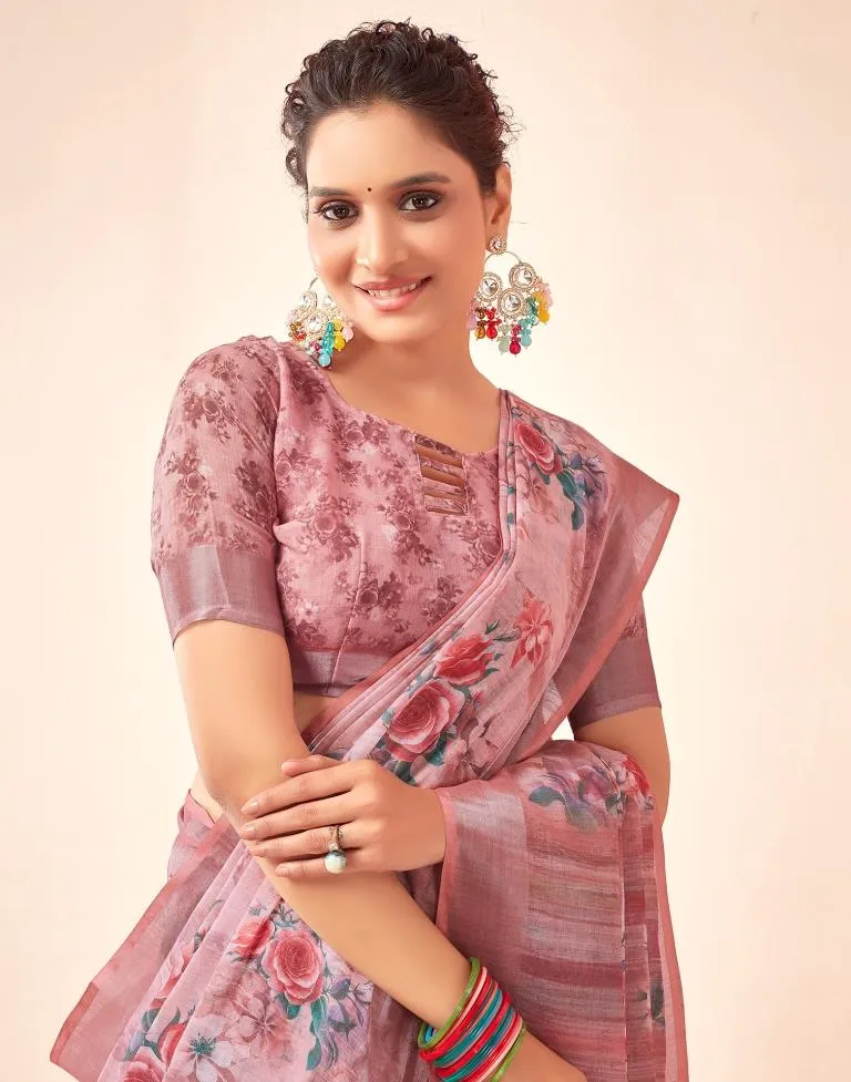 Rose Pink Linen Printed Sarees