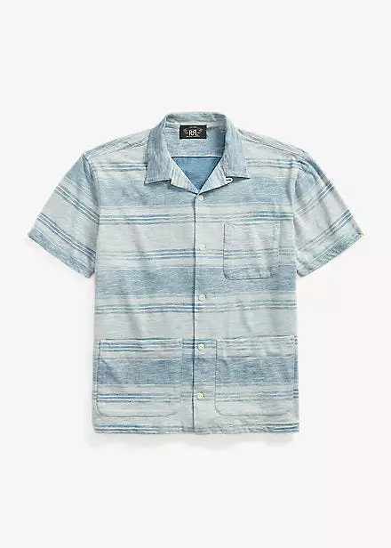 RRL Indigo Striped Jersey Camp Shirt