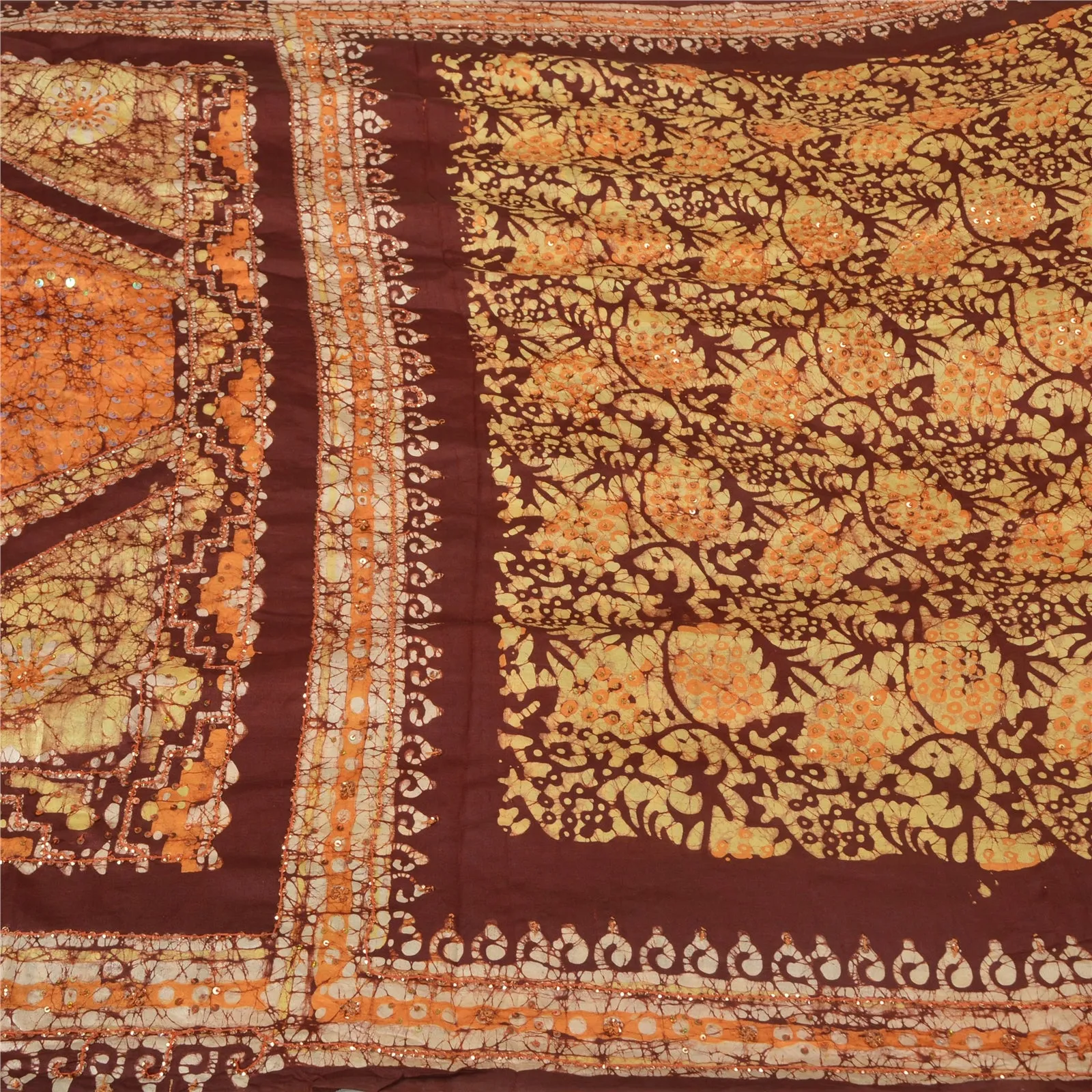 Sanskriti Vintage Brown/Saffron Sarees Pure Silk Hand Beaded Batik Sari Fabric