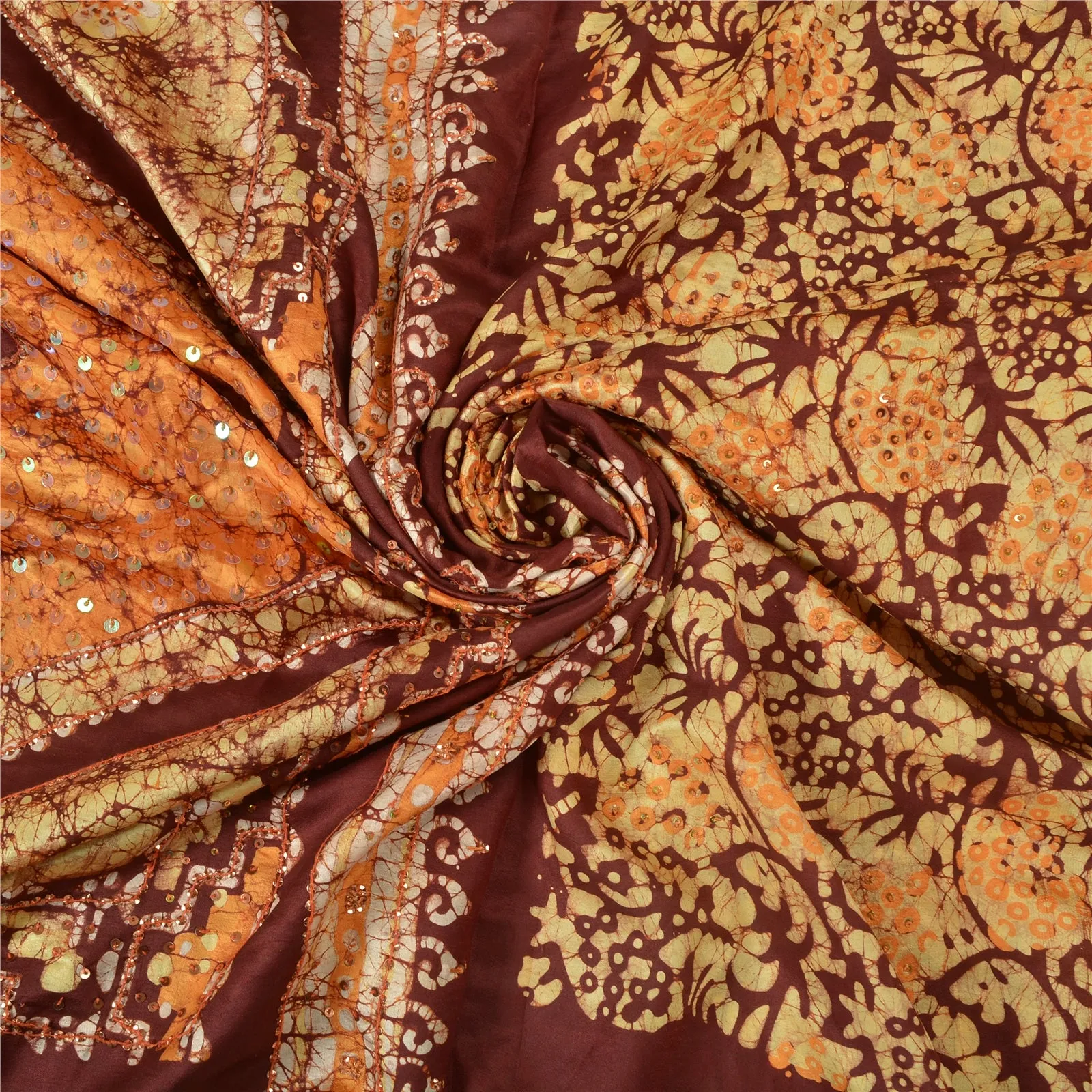 Sanskriti Vintage Brown/Saffron Sarees Pure Silk Hand Beaded Batik Sari Fabric