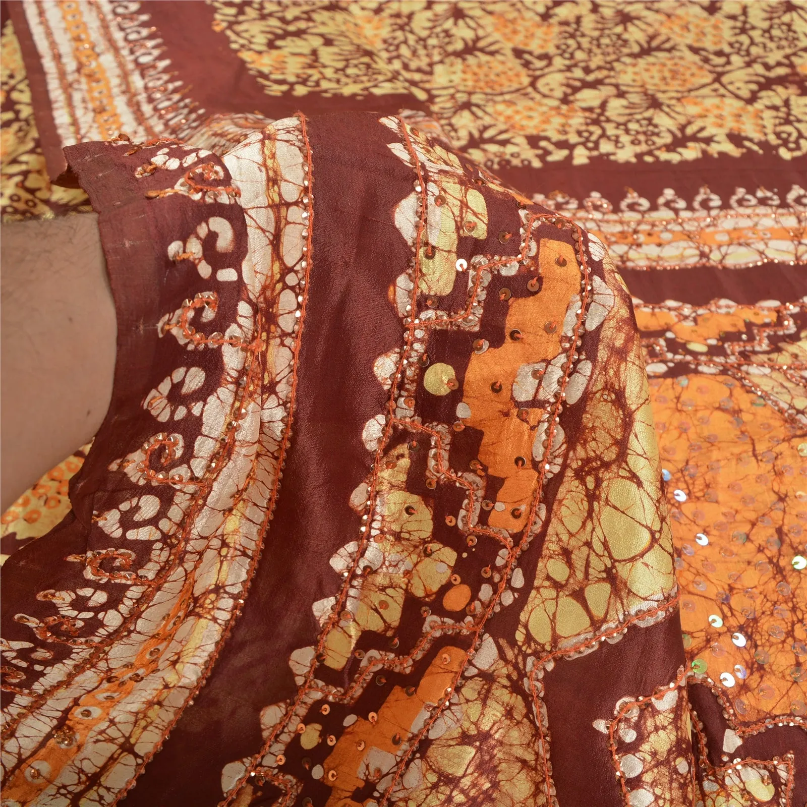 Sanskriti Vintage Brown/Saffron Sarees Pure Silk Hand Beaded Batik Sari Fabric