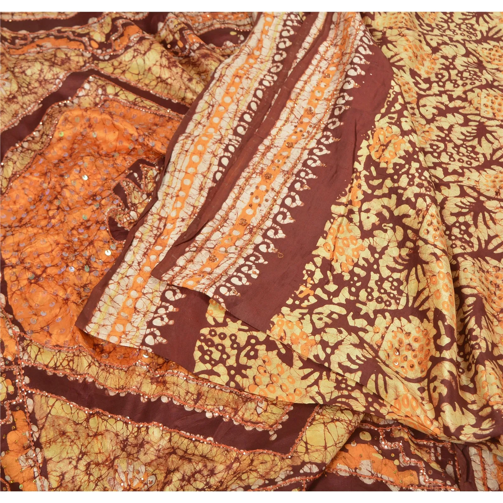 Sanskriti Vintage Brown/Saffron Sarees Pure Silk Hand Beaded Batik Sari Fabric