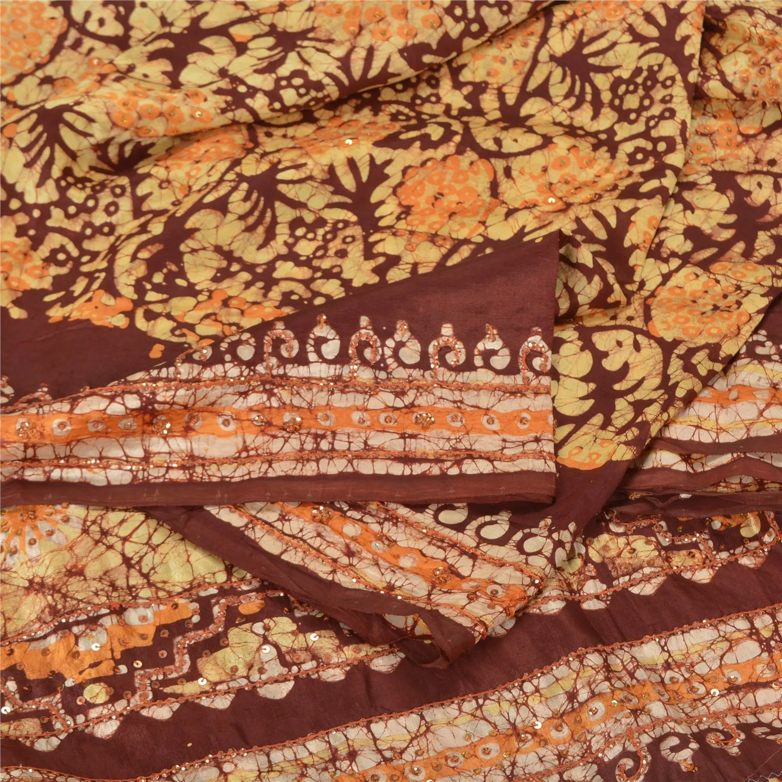 Sanskriti Vintage Brown/Saffron Sarees Pure Silk Hand Beaded Batik Sari Fabric