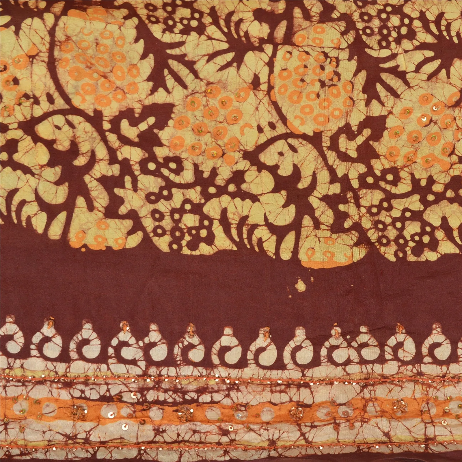 Sanskriti Vintage Brown/Saffron Sarees Pure Silk Hand Beaded Batik Sari Fabric