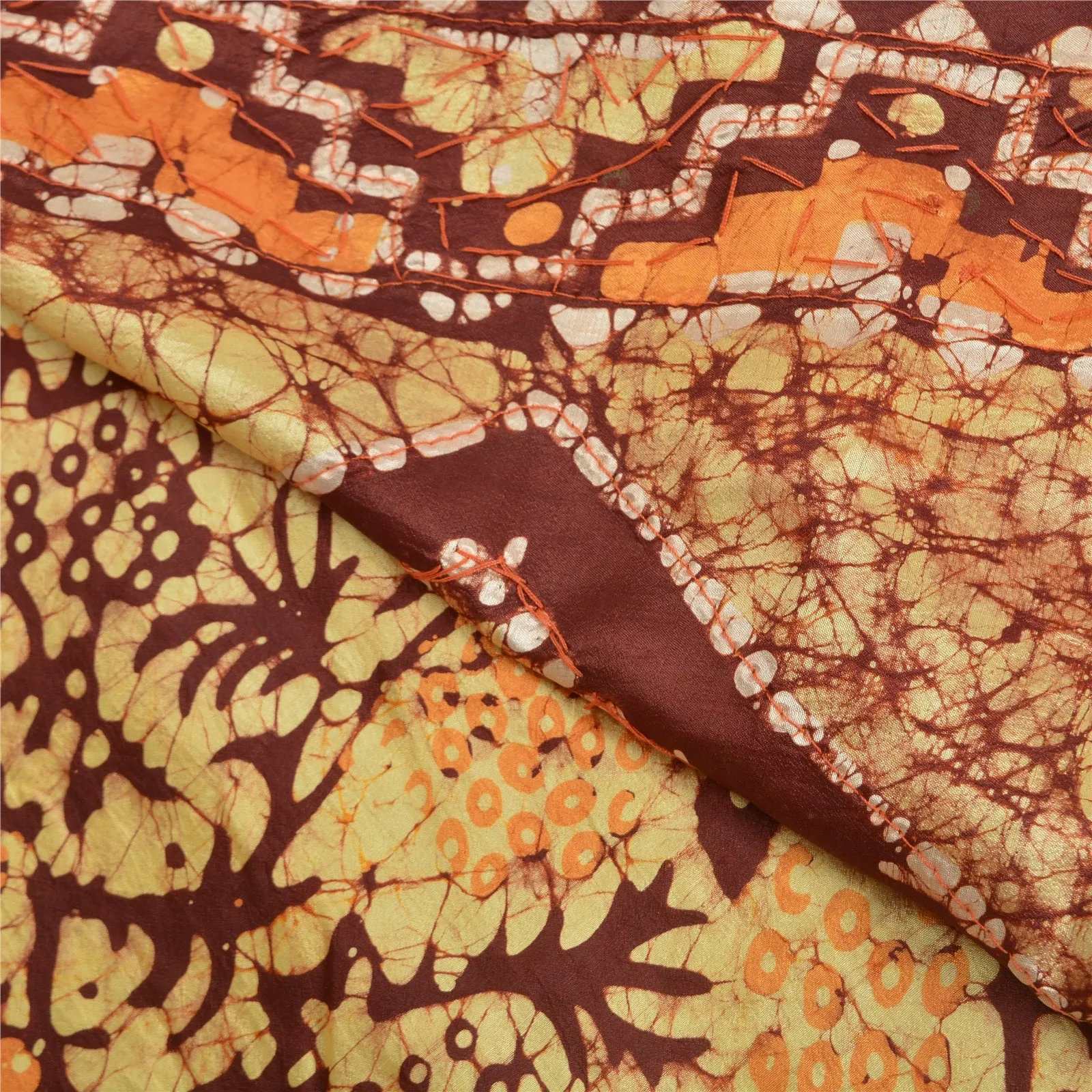 Sanskriti Vintage Brown/Saffron Sarees Pure Silk Hand Beaded Batik Sari Fabric