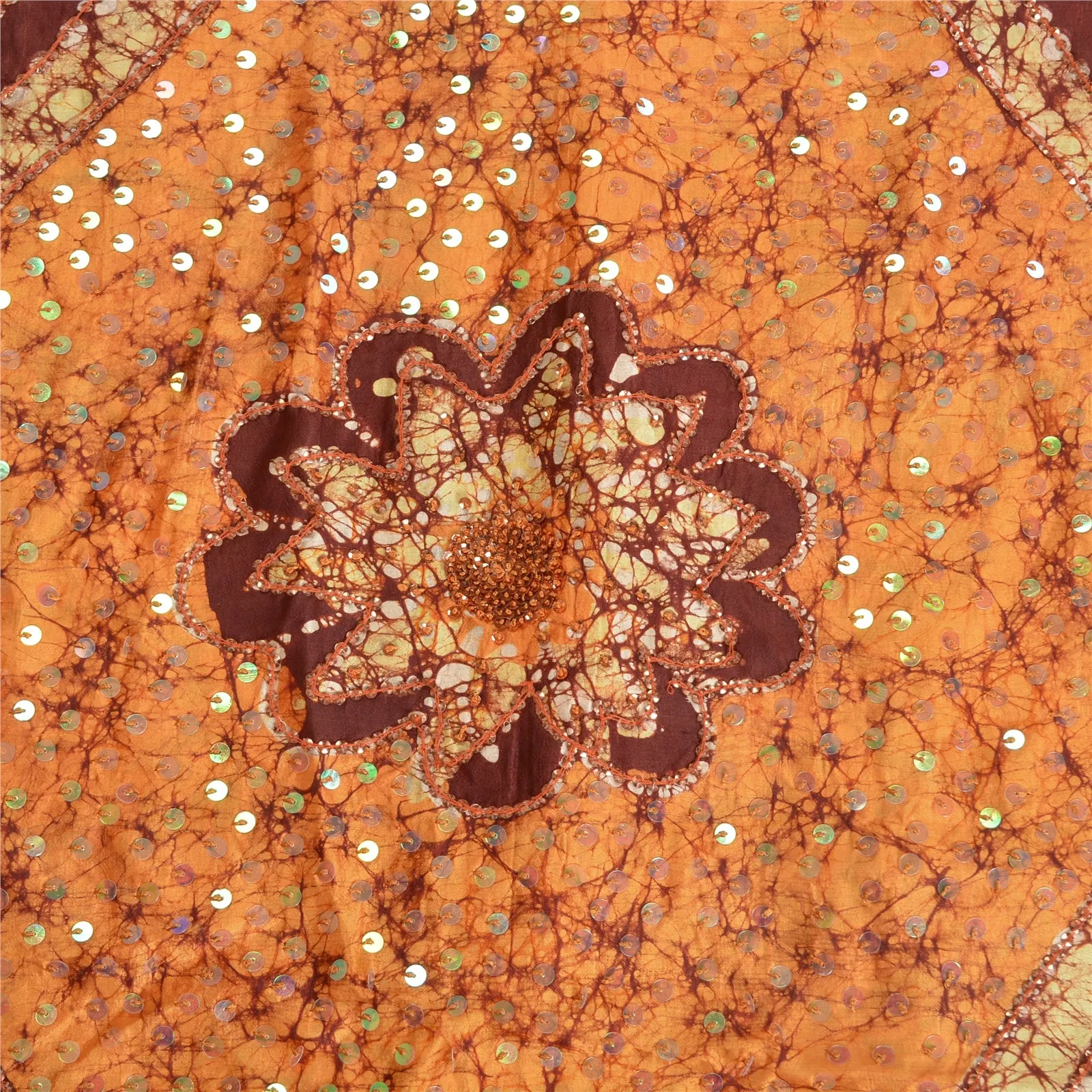 Sanskriti Vintage Brown/Saffron Sarees Pure Silk Hand Beaded Batik Sari Fabric