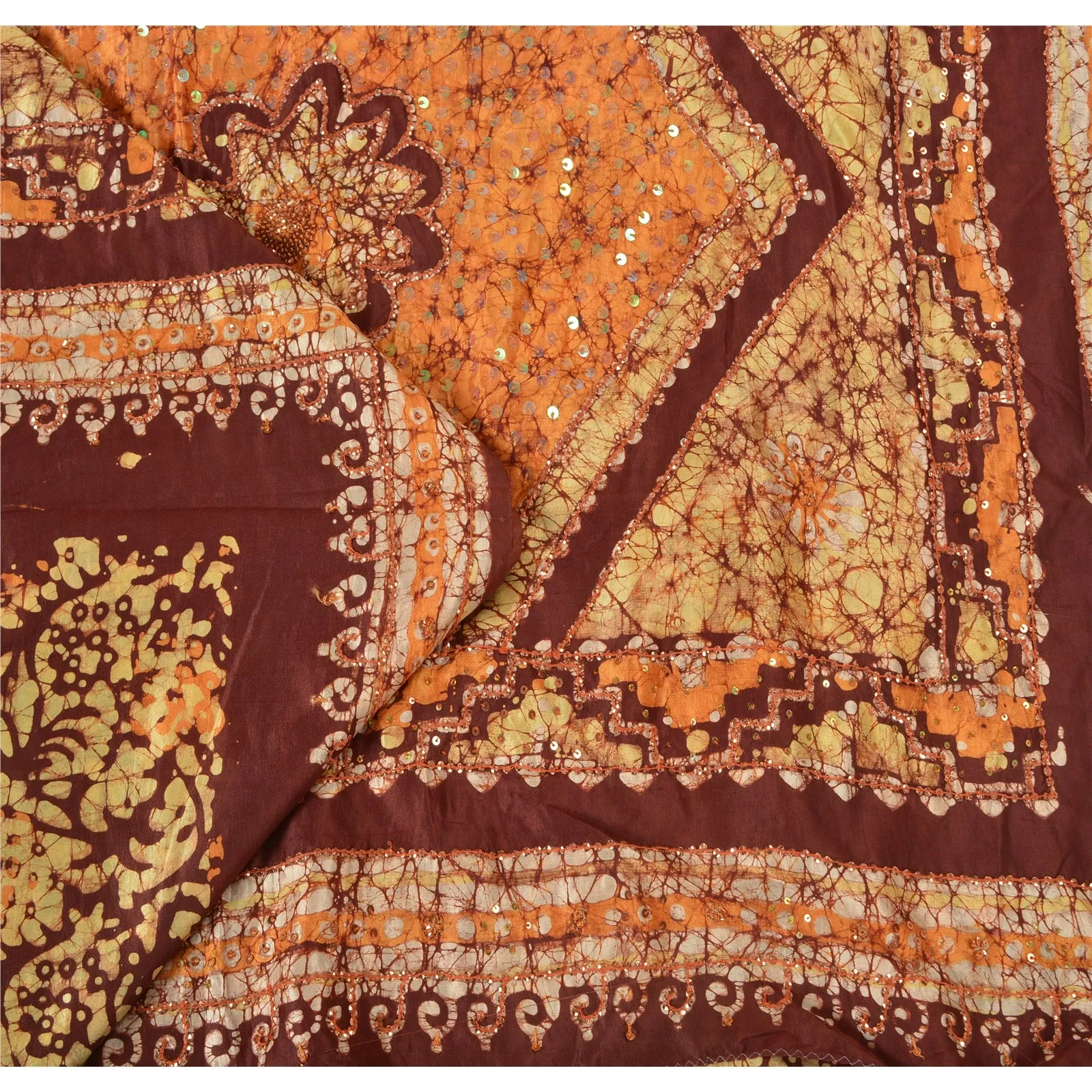 Sanskriti Vintage Brown/Saffron Sarees Pure Silk Hand Beaded Batik Sari Fabric