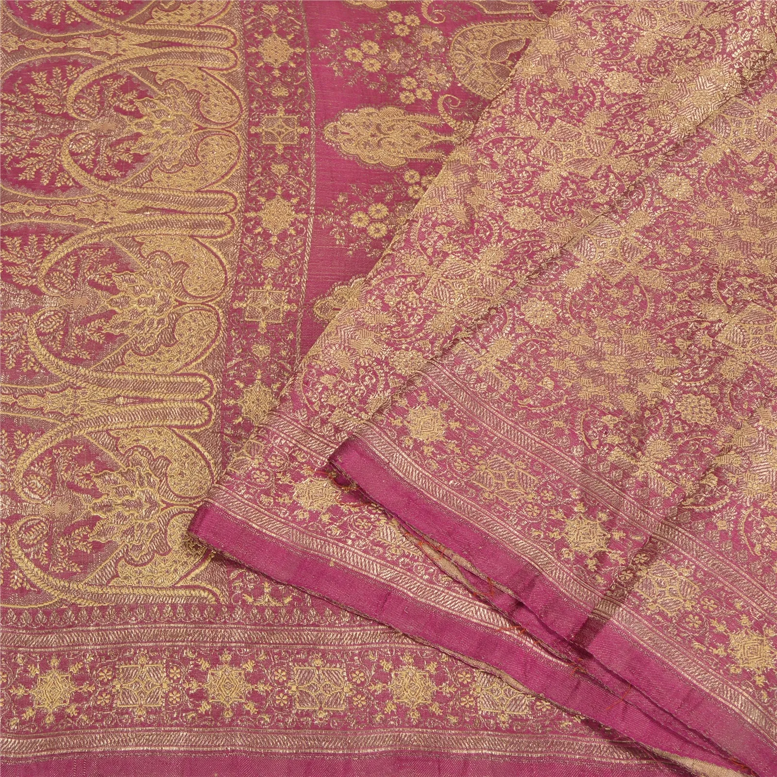 Sanskriti Vintage Pink Sarees Pure Satin Silk Woven Brocade/Banarasi Sari Fabric