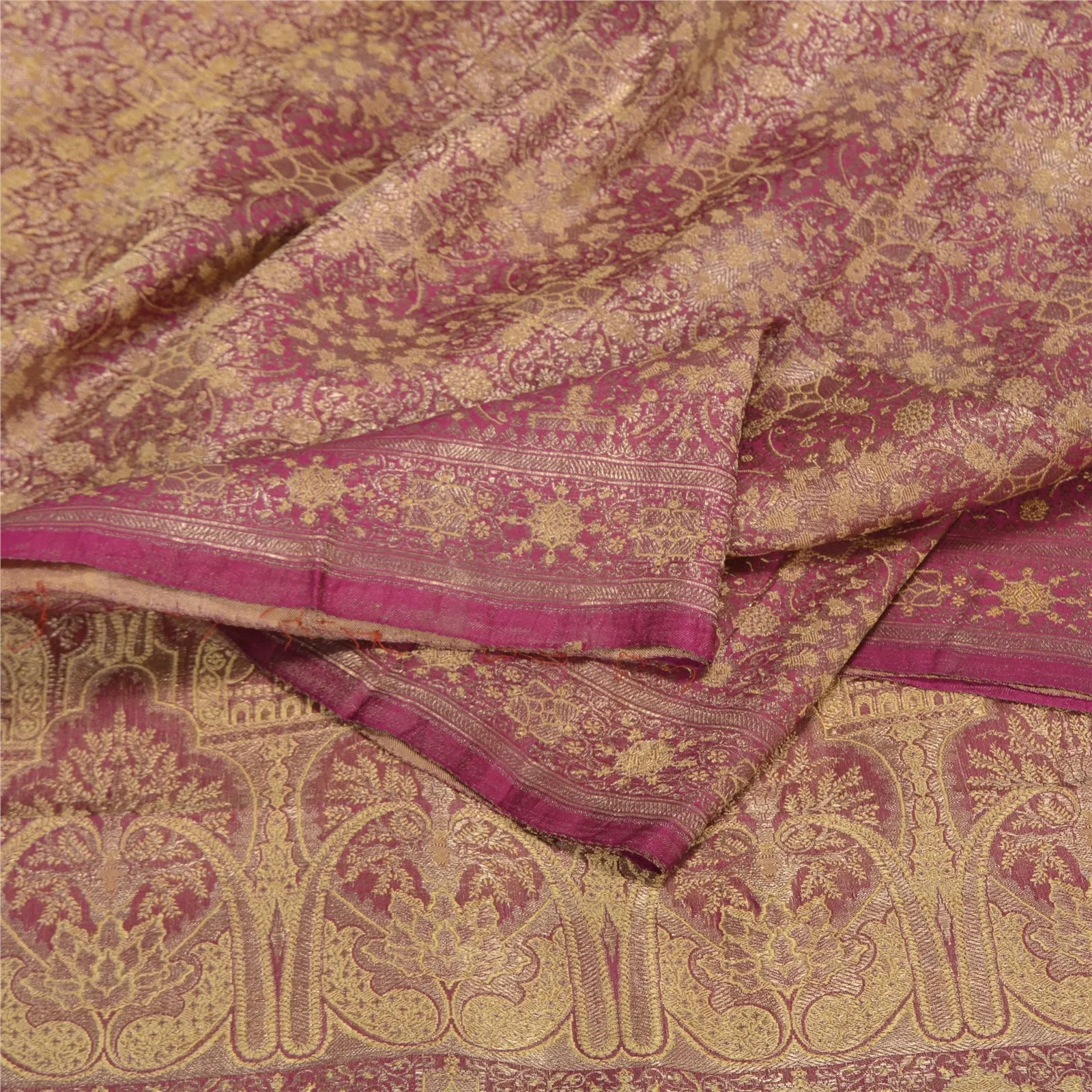 Sanskriti Vintage Pink Sarees Pure Satin Silk Woven Brocade/Banarasi Sari Fabric