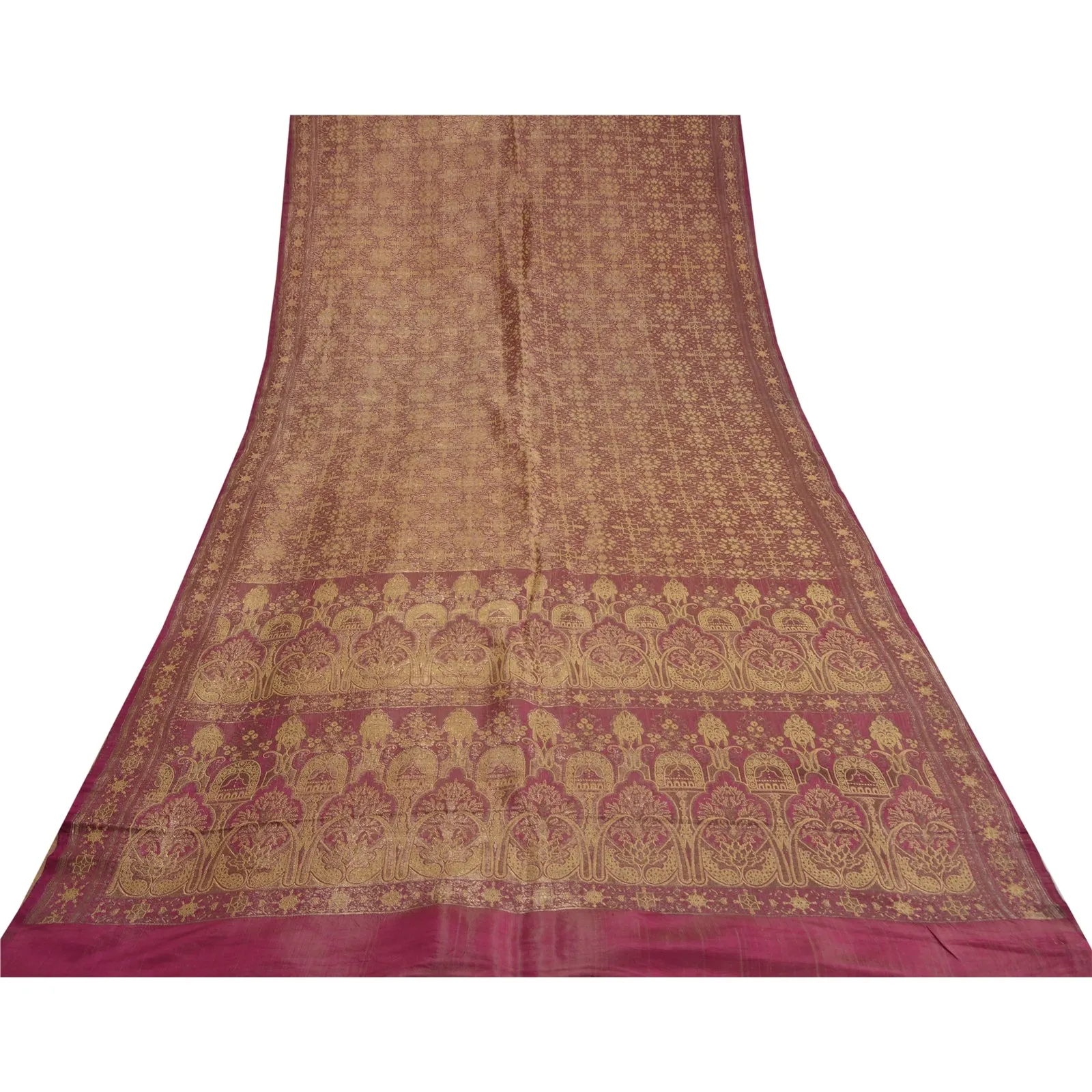 Sanskriti Vintage Pink Sarees Pure Satin Silk Woven Brocade/Banarasi Sari Fabric