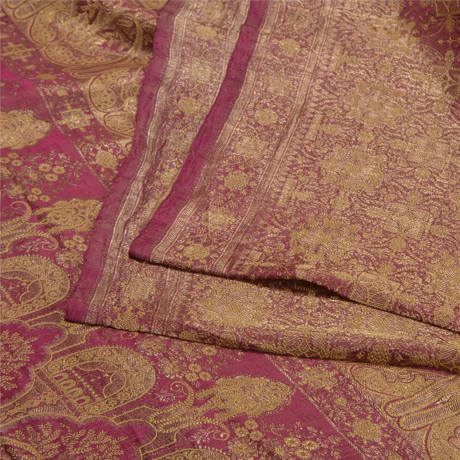 Sanskriti Vintage Pink Sarees Pure Satin Silk Woven Brocade/Banarasi Sari Fabric