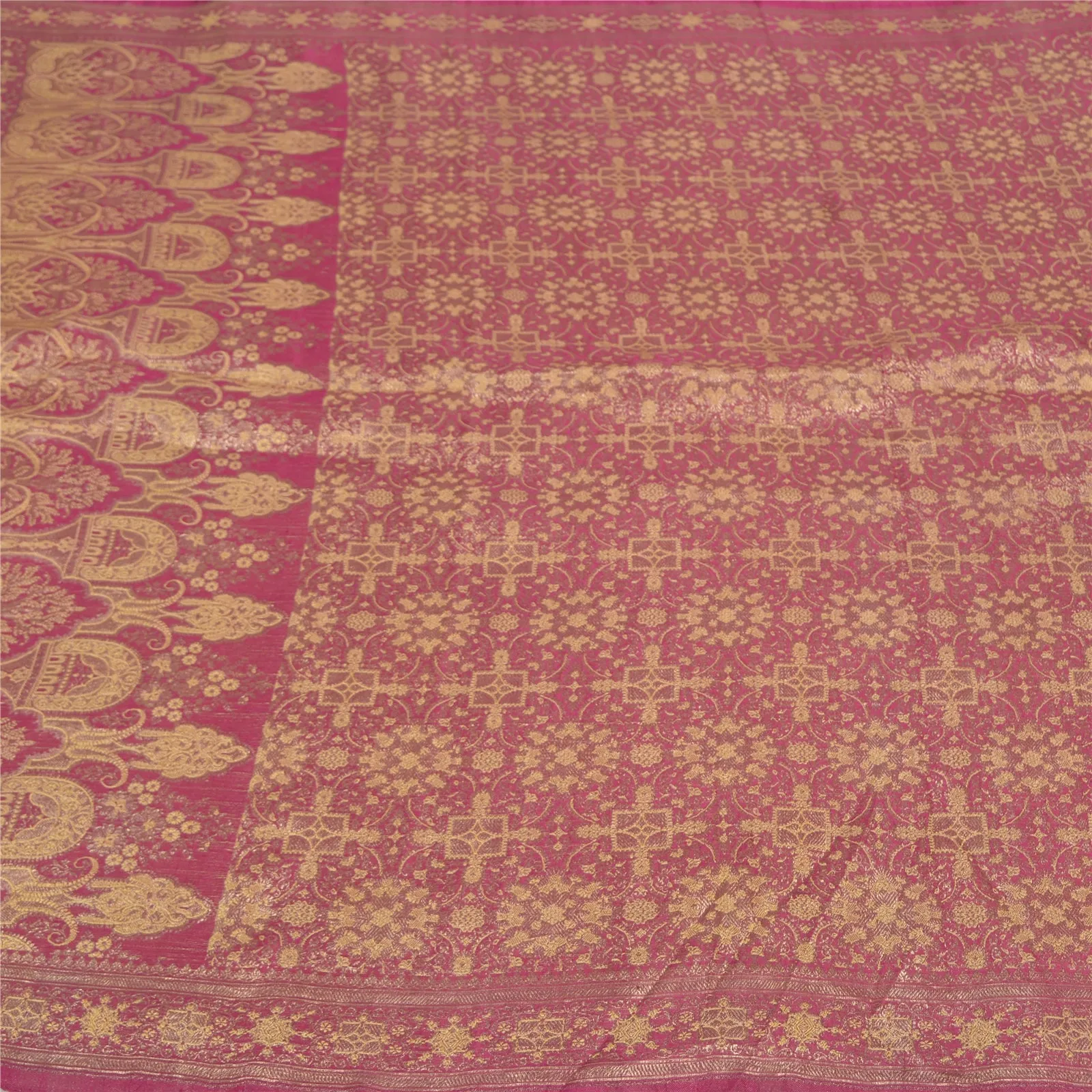 Sanskriti Vintage Pink Sarees Pure Satin Silk Woven Brocade/Banarasi Sari Fabric