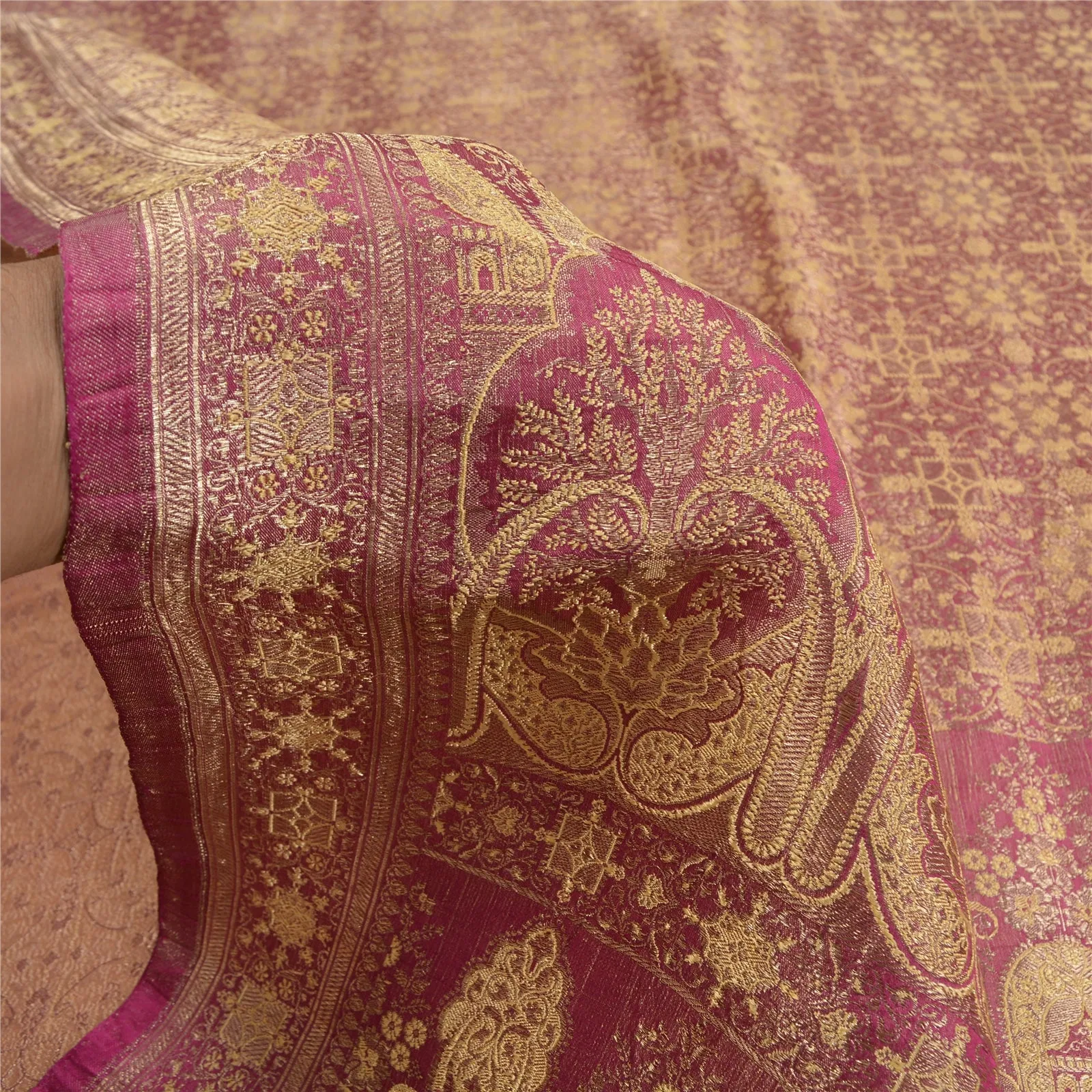 Sanskriti Vintage Pink Sarees Pure Satin Silk Woven Brocade/Banarasi Sari Fabric