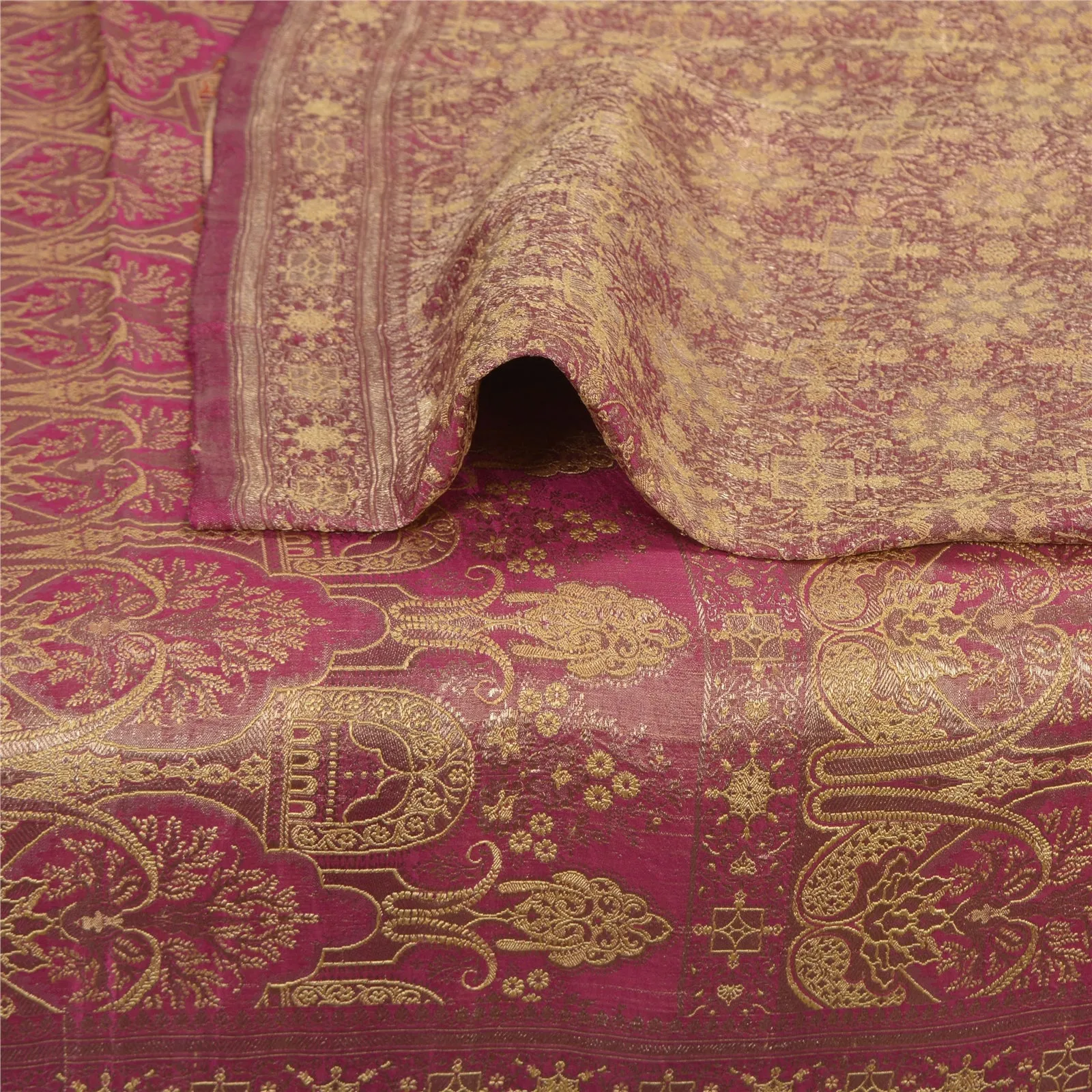 Sanskriti Vintage Pink Sarees Pure Satin Silk Woven Brocade/Banarasi Sari Fabric