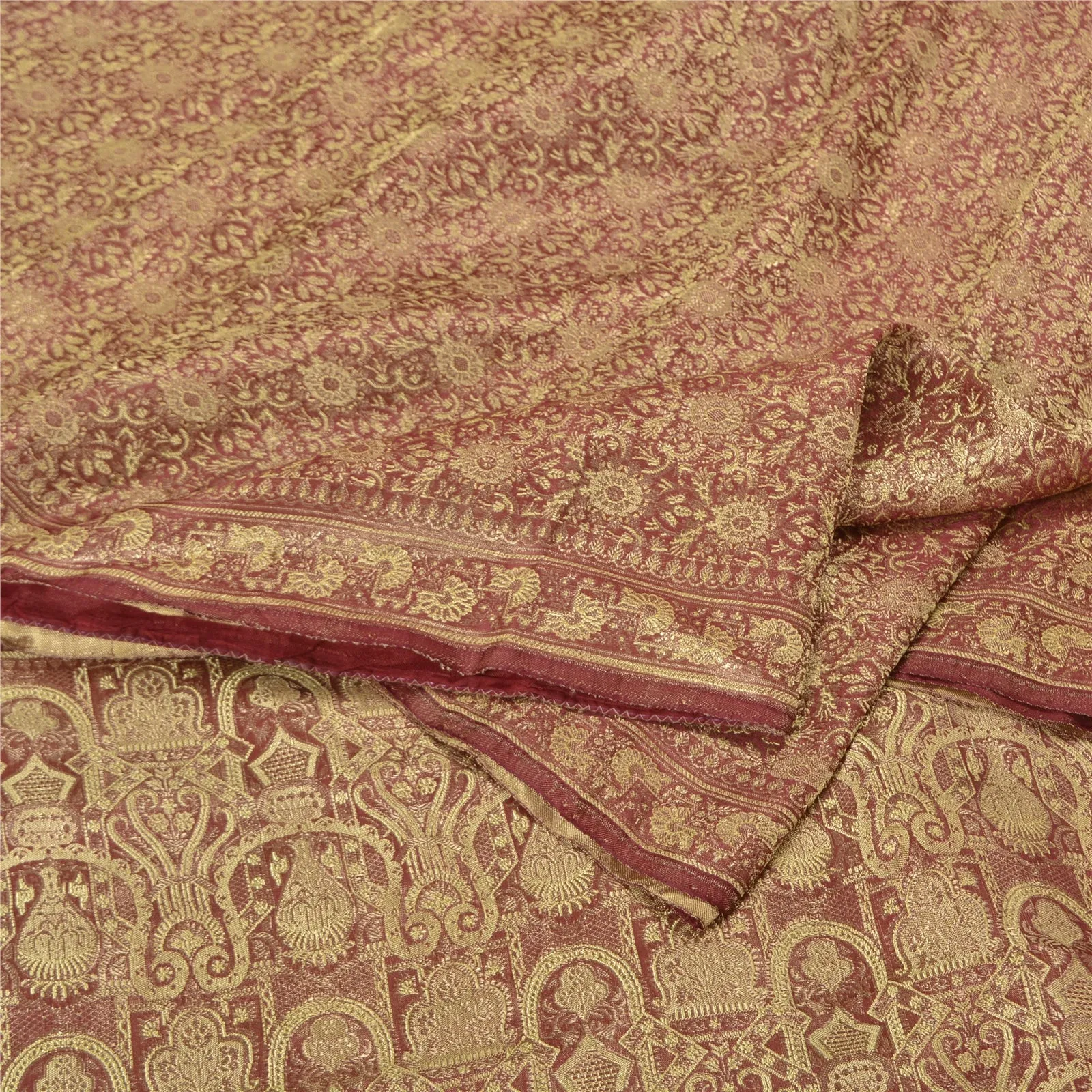 Sanskriti Vintage Red Sarees Pure Satin Silk Woven Banarasi/Brocade Sari Fabric