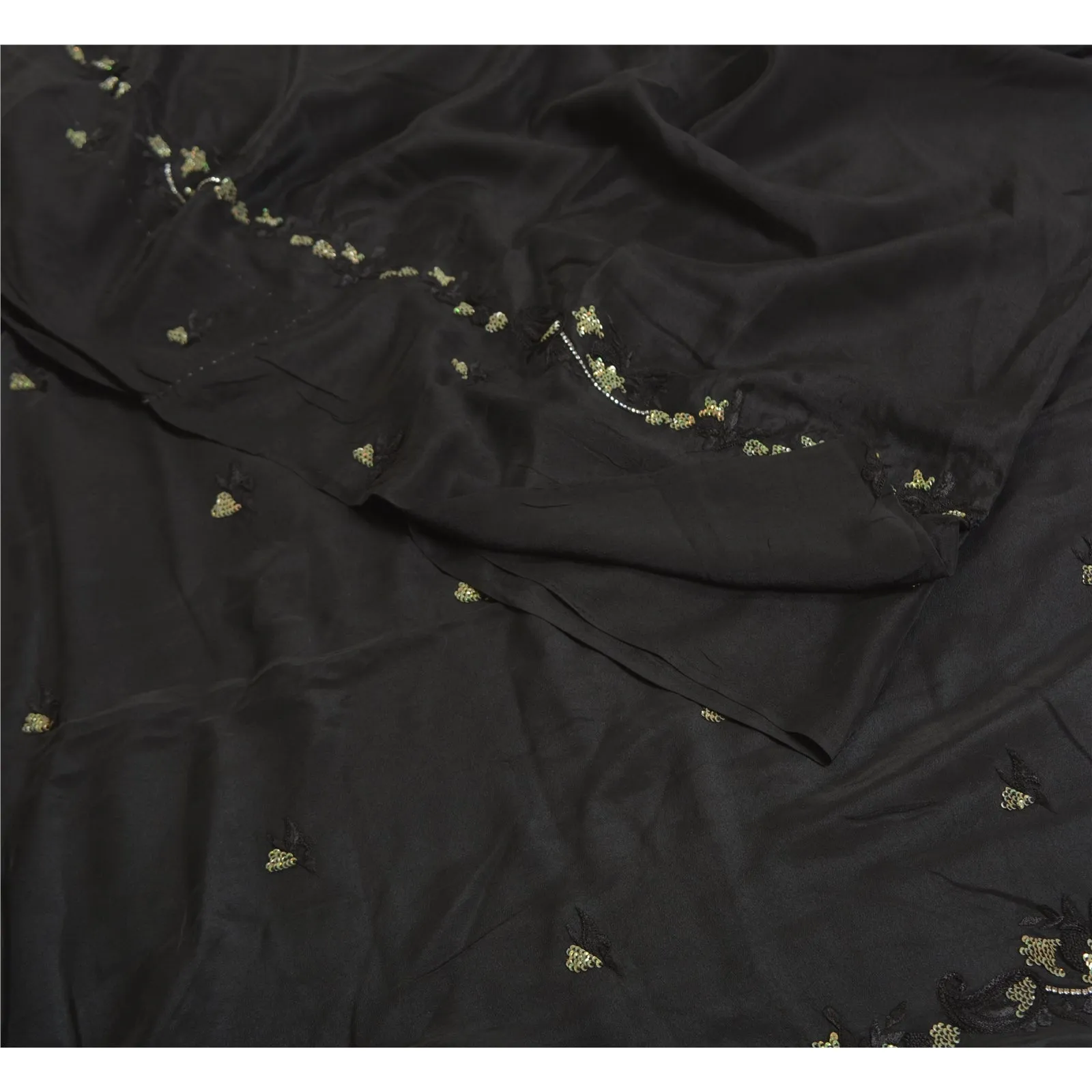 Sanskriti Vintage Sarees Black Hand Beaded Pure Crepe Silk Sari 5yd Craft Fabric