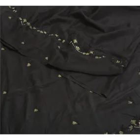 Sanskriti Vintage Sarees Black Hand Beaded Pure Crepe Silk Sari 5yd Craft Fabric