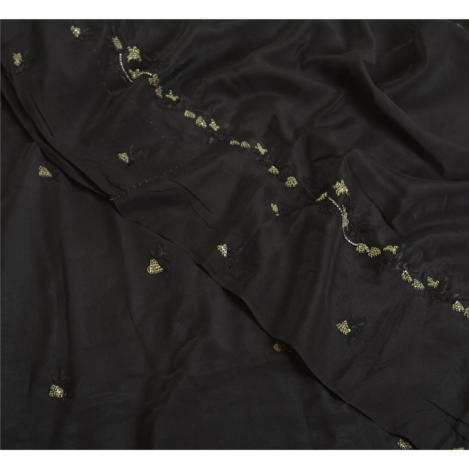 Sanskriti Vintage Sarees Black Hand Beaded Pure Crepe Silk Sari 5yd Craft Fabric