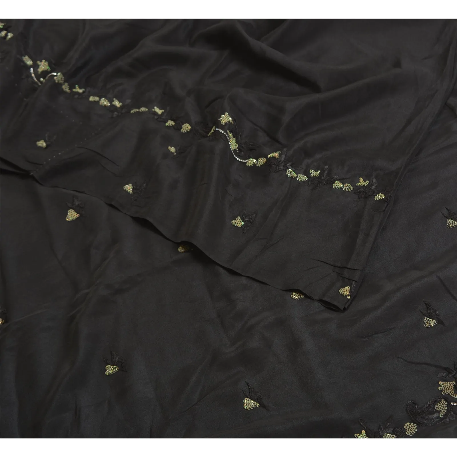 Sanskriti Vintage Sarees Black Hand Beaded Pure Crepe Silk Sari 5yd Craft Fabric