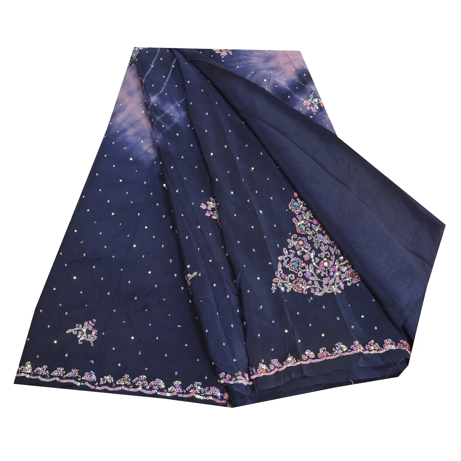 Sanskriti Vintage Sarees Blue Tie-Dye Hand Beaded Pure Crepe Silk Sari Fabric