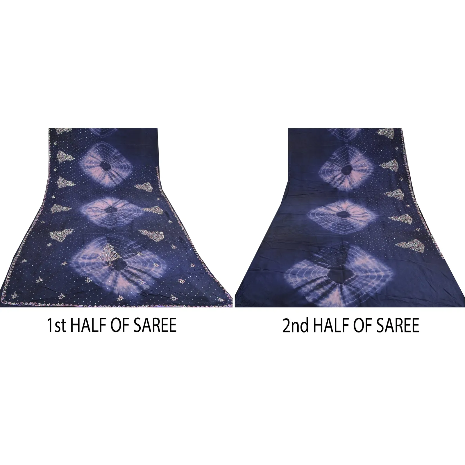 Sanskriti Vintage Sarees Blue Tie-Dye Hand Beaded Pure Crepe Silk Sari Fabric