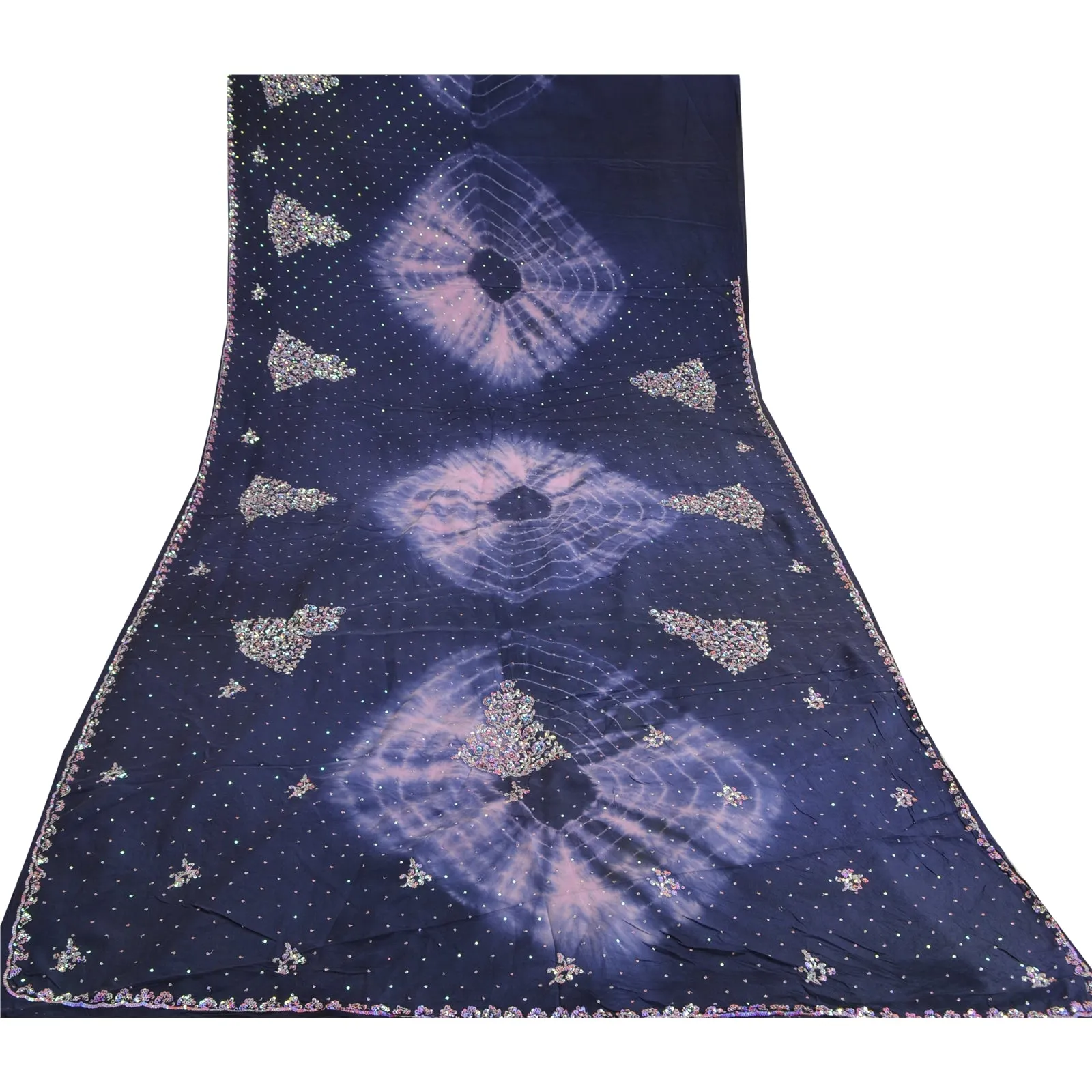 Sanskriti Vintage Sarees Blue Tie-Dye Hand Beaded Pure Crepe Silk Sari Fabric