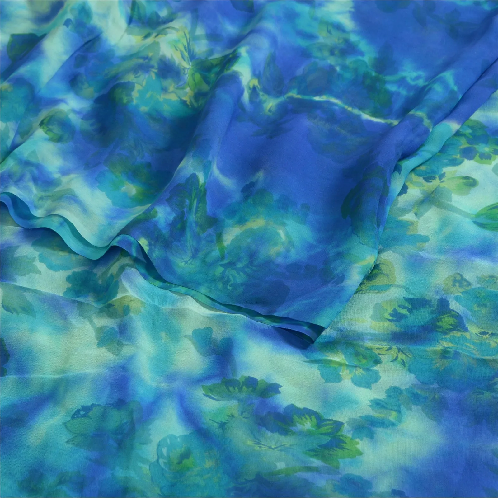 Sanskriti Vintage Sarees Blue/Green TieDye Pure Georgette Silk Sari Craft Fabric