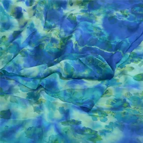 Sanskriti Vintage Sarees Blue/Green TieDye Pure Georgette Silk Sari Craft Fabric