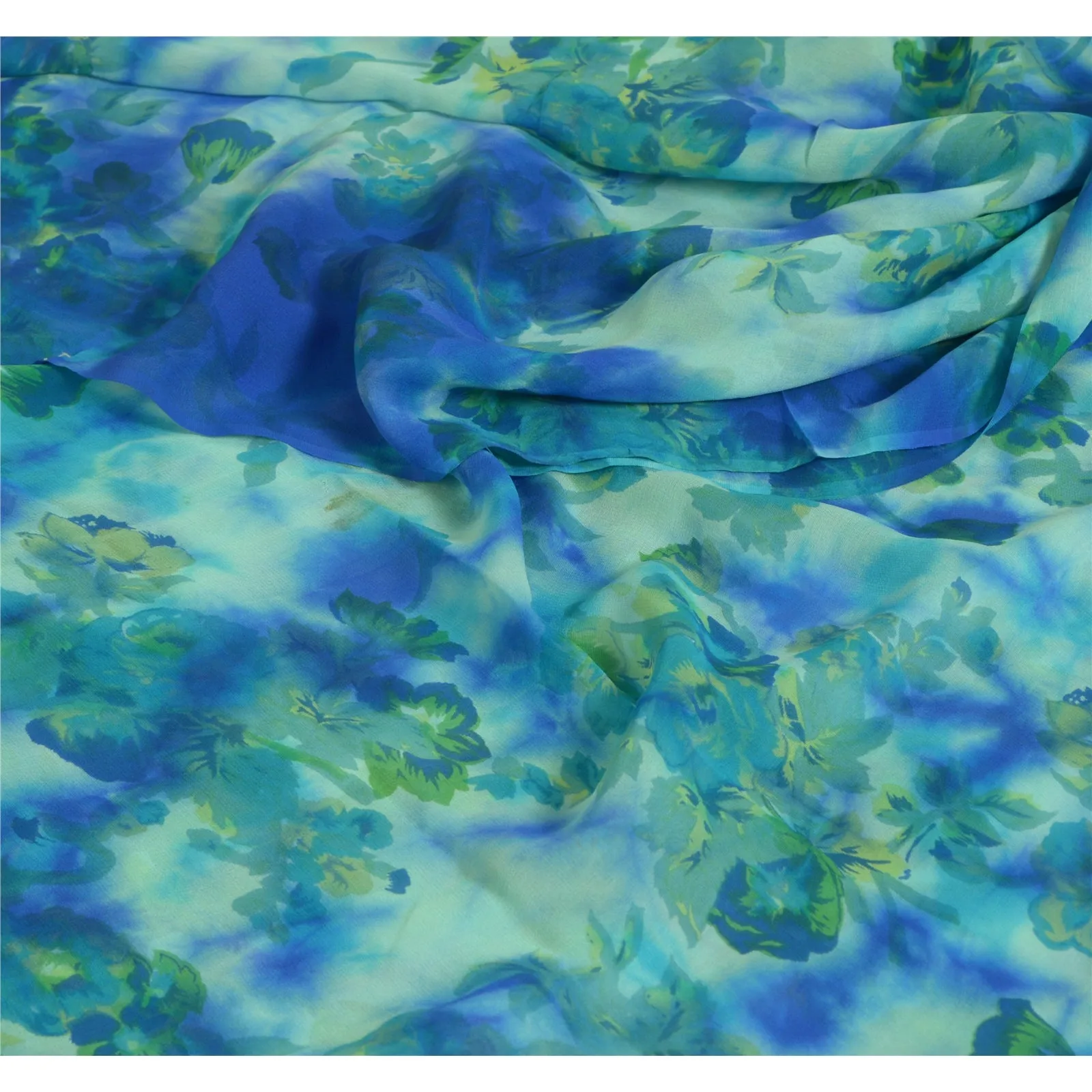 Sanskriti Vintage Sarees Blue/Green TieDye Pure Georgette Silk Sari Craft Fabric