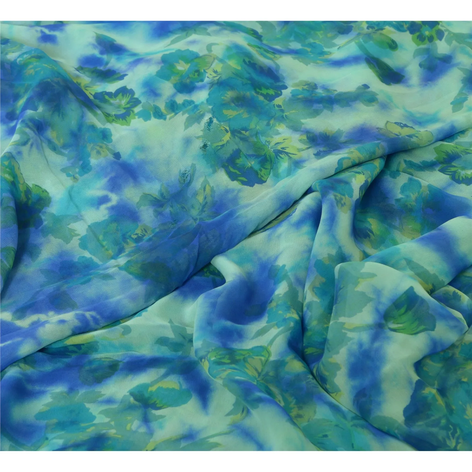 Sanskriti Vintage Sarees Blue/Green TieDye Pure Georgette Silk Sari Craft Fabric