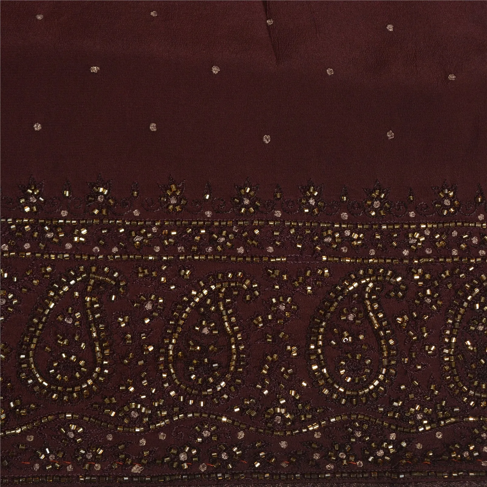 Sanskriti Vintage Sarees Brown Tie-Dye Hand Beaded Pure Crepe Silk Sari Fabric