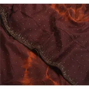 Sanskriti Vintage Sarees Brown Tie-Dye Hand Beaded Pure Crepe Silk Sari Fabric