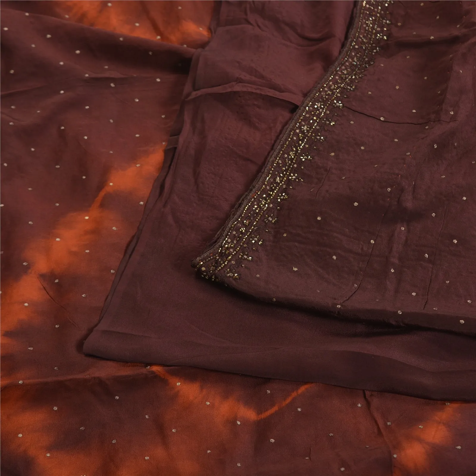 Sanskriti Vintage Sarees Brown Tie-Dye Hand Beaded Pure Crepe Silk Sari Fabric