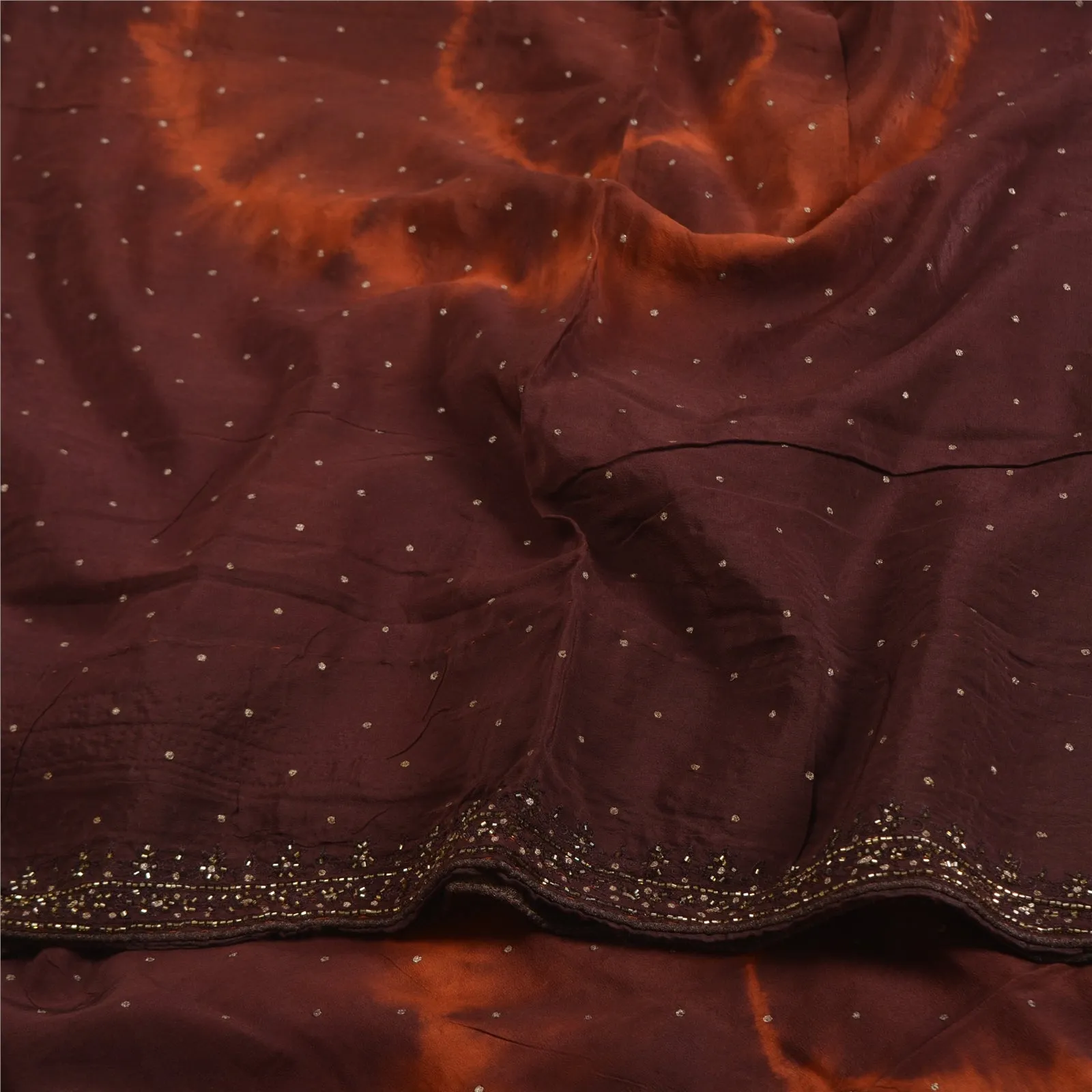 Sanskriti Vintage Sarees Brown Tie-Dye Hand Beaded Pure Crepe Silk Sari Fabric