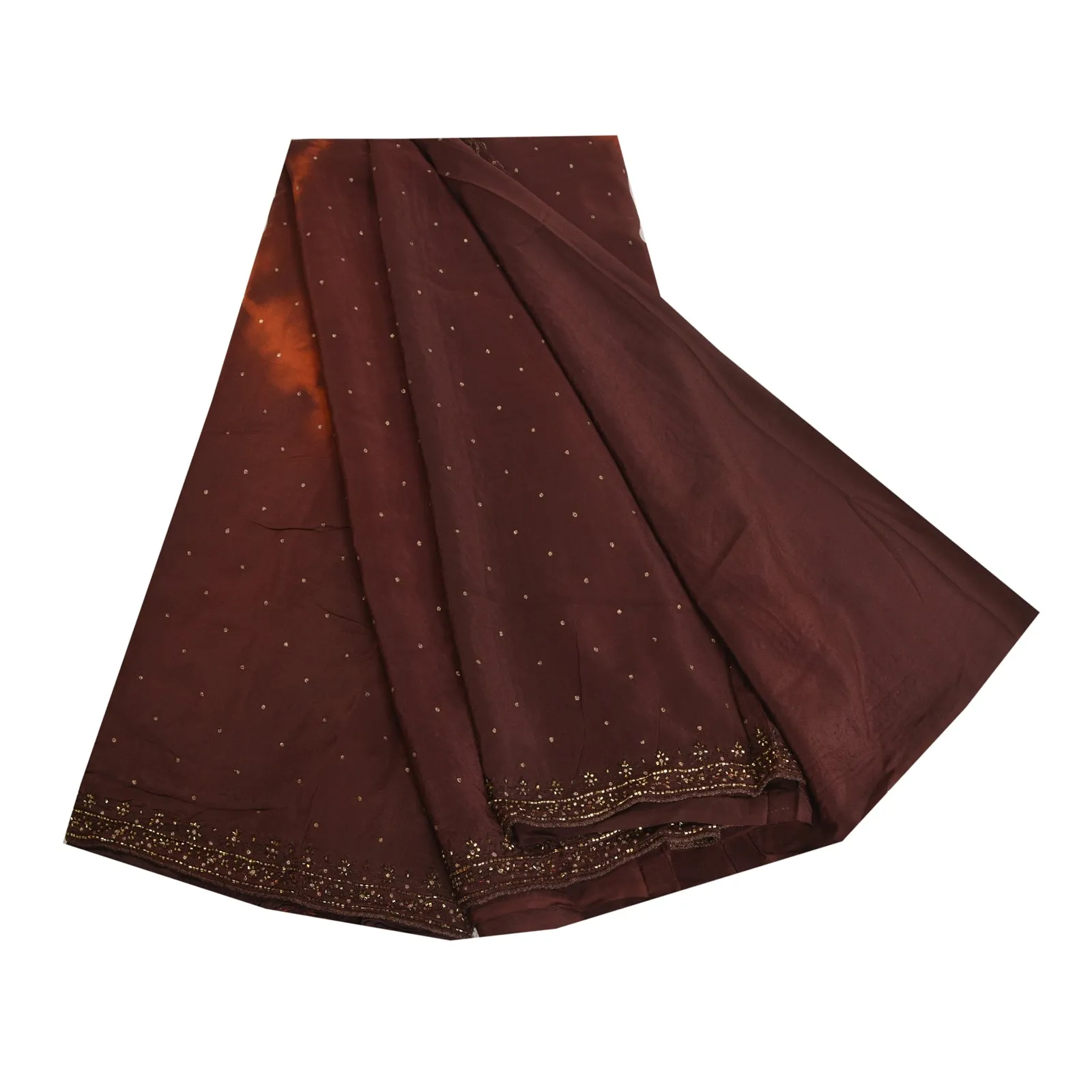 Sanskriti Vintage Sarees Brown Tie-Dye Hand Beaded Pure Crepe Silk Sari Fabric