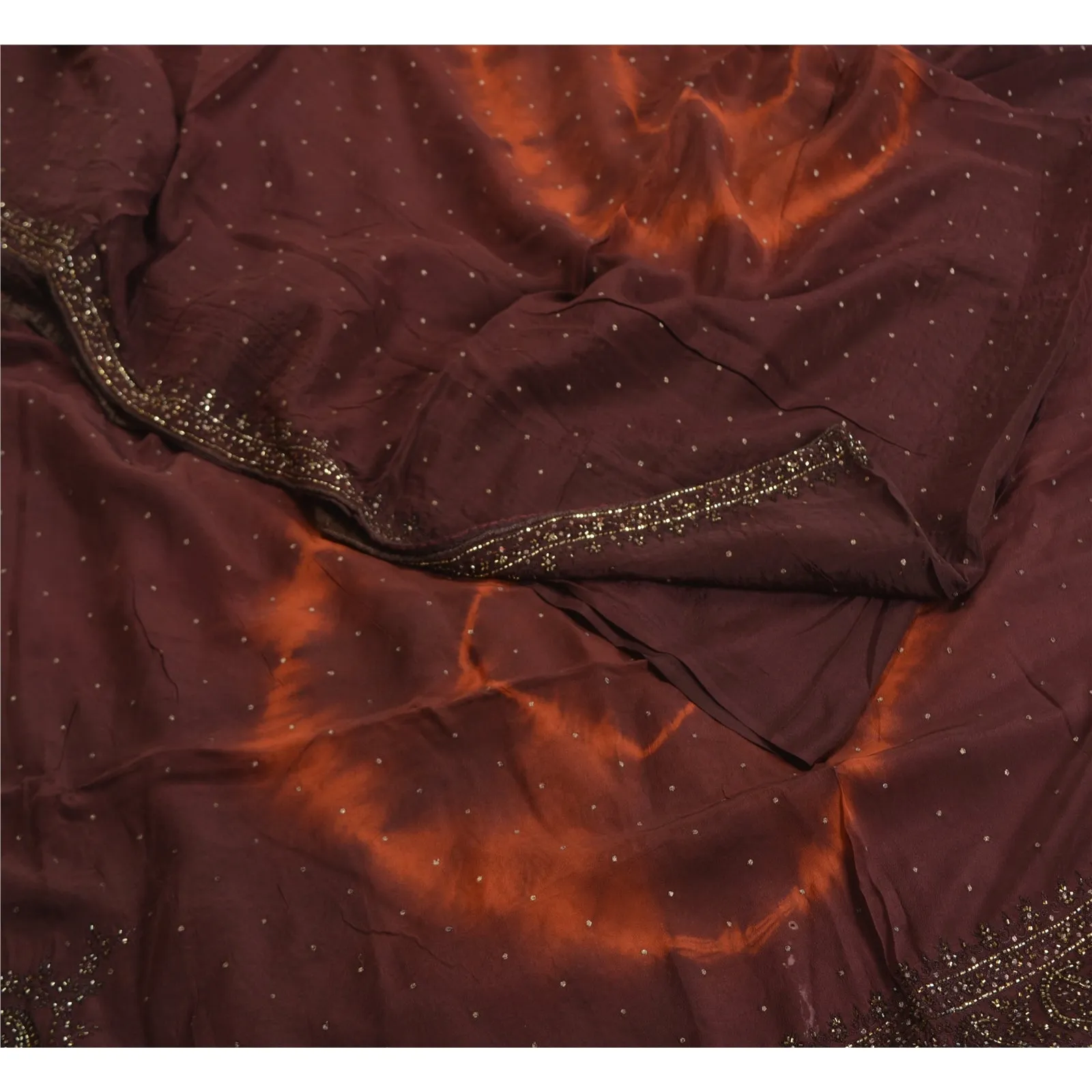 Sanskriti Vintage Sarees Brown Tie-Dye Hand Beaded Pure Crepe Silk Sari Fabric