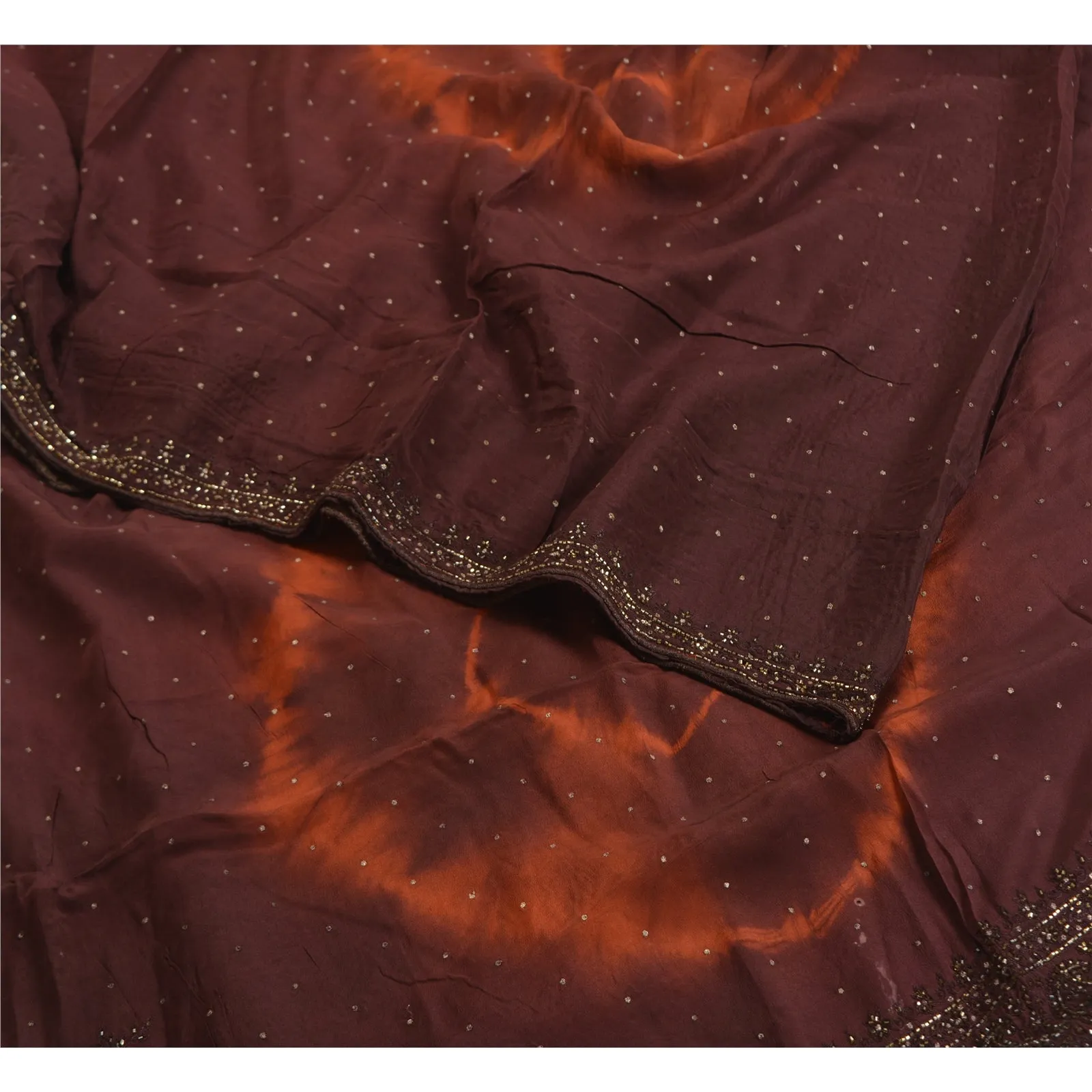 Sanskriti Vintage Sarees Brown Tie-Dye Hand Beaded Pure Crepe Silk Sari Fabric