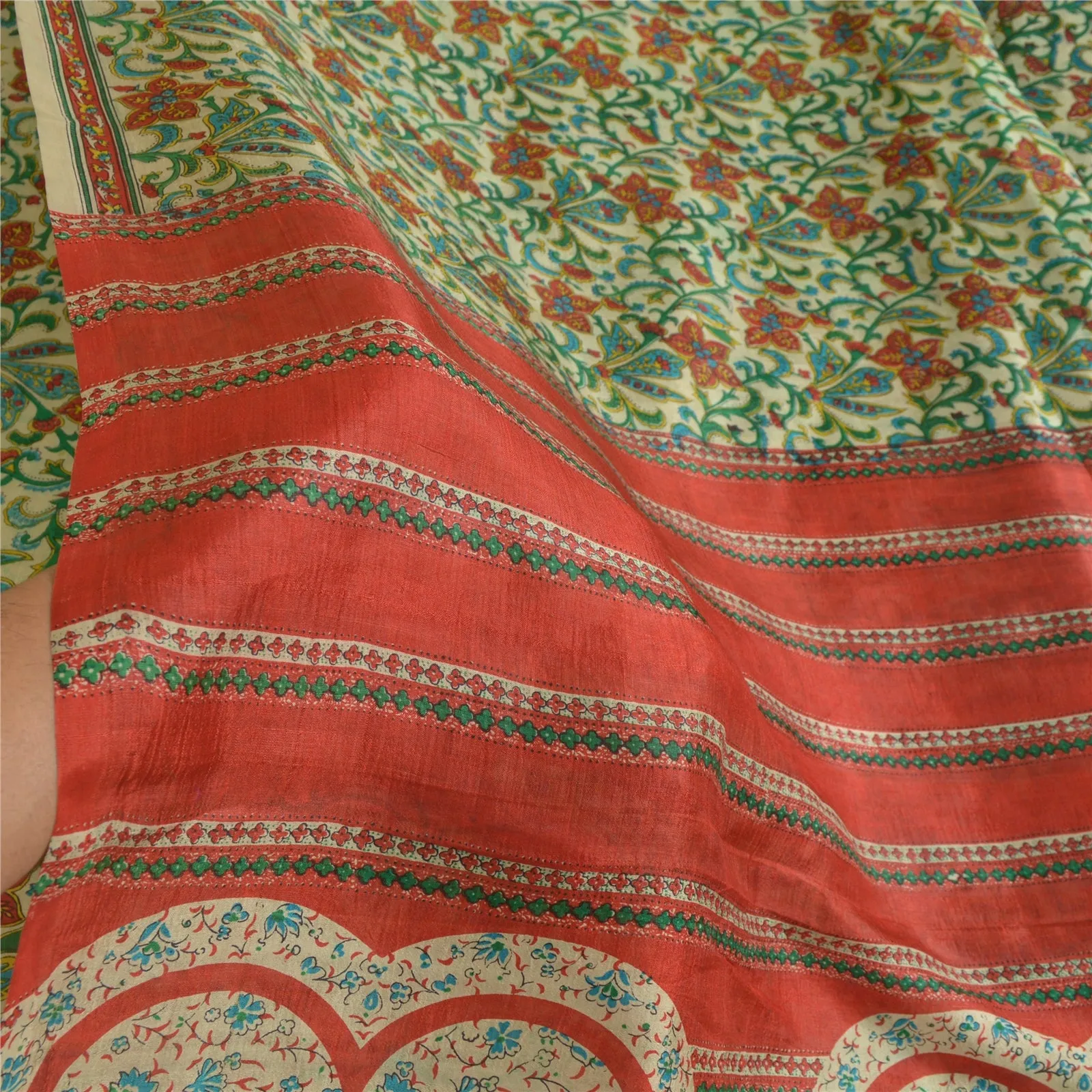 Sanskriti Vintage Sarees Cream 100% Pure Silk Printed Sari 5YD Soft Craft Fabric