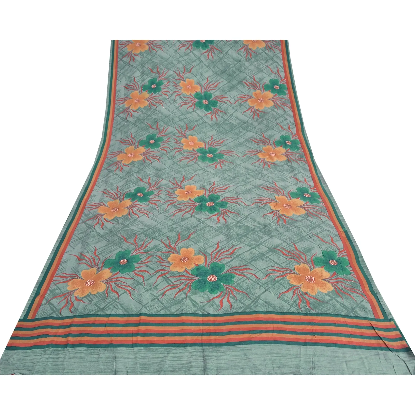 Sanskriti Vintage Sarees Dusty Green Pure Crepe Silk Print Sari 5yd Craft Fabric