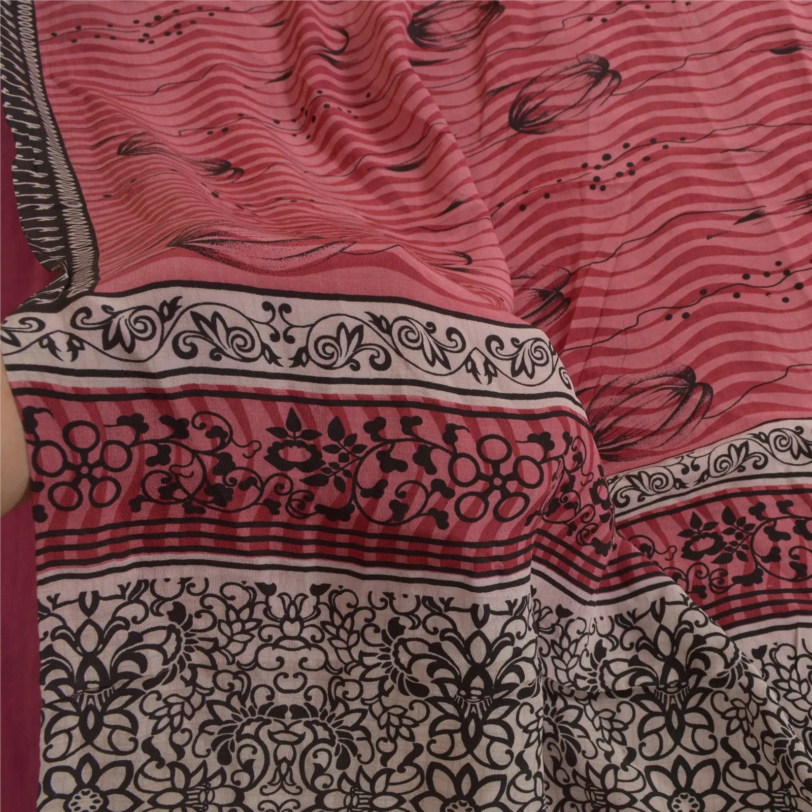 Sanskriti Vintage Sarees Dusty Pink Pure Crepe Silk Printed Sari Craft Fabric