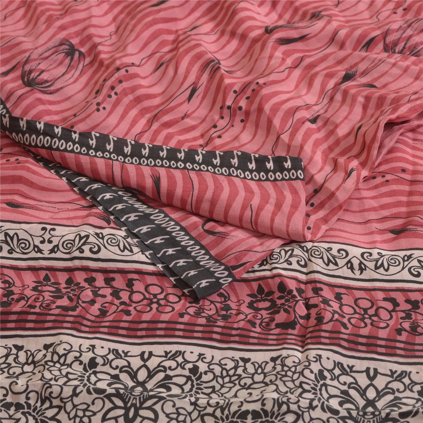 Sanskriti Vintage Sarees Dusty Pink Pure Crepe Silk Printed Sari Craft Fabric