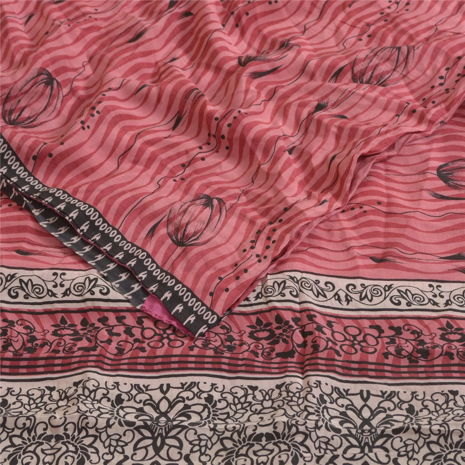 Sanskriti Vintage Sarees Dusty Pink Pure Crepe Silk Printed Sari Craft Fabric