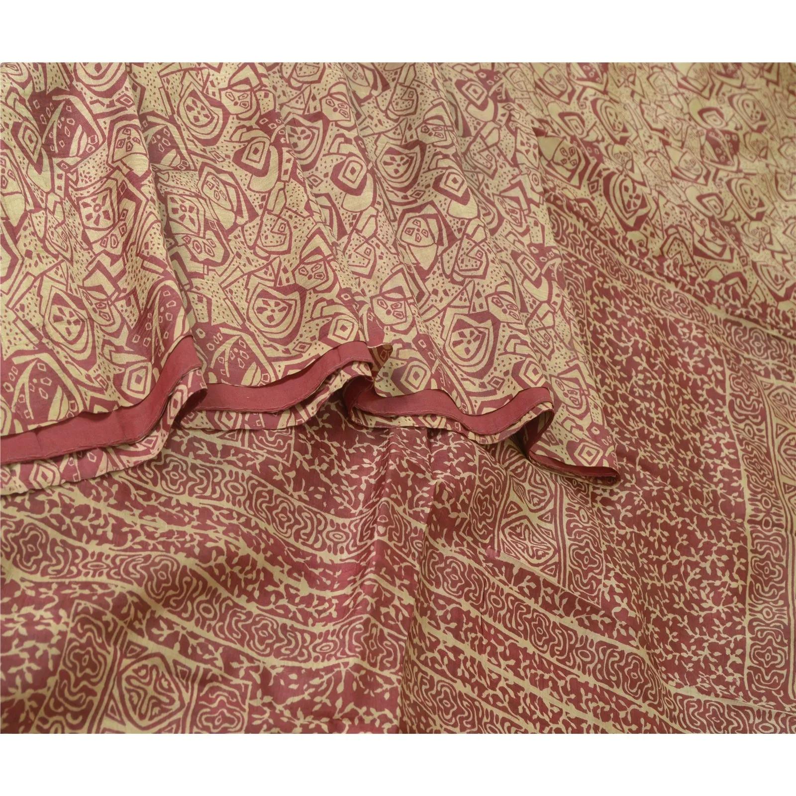 Sanskriti Vintage Sarees From India Cream/Red Pure Silk Print Sari Craft Fabric