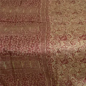 Sanskriti Vintage Sarees From India Cream/Red Pure Silk Print Sari Craft Fabric