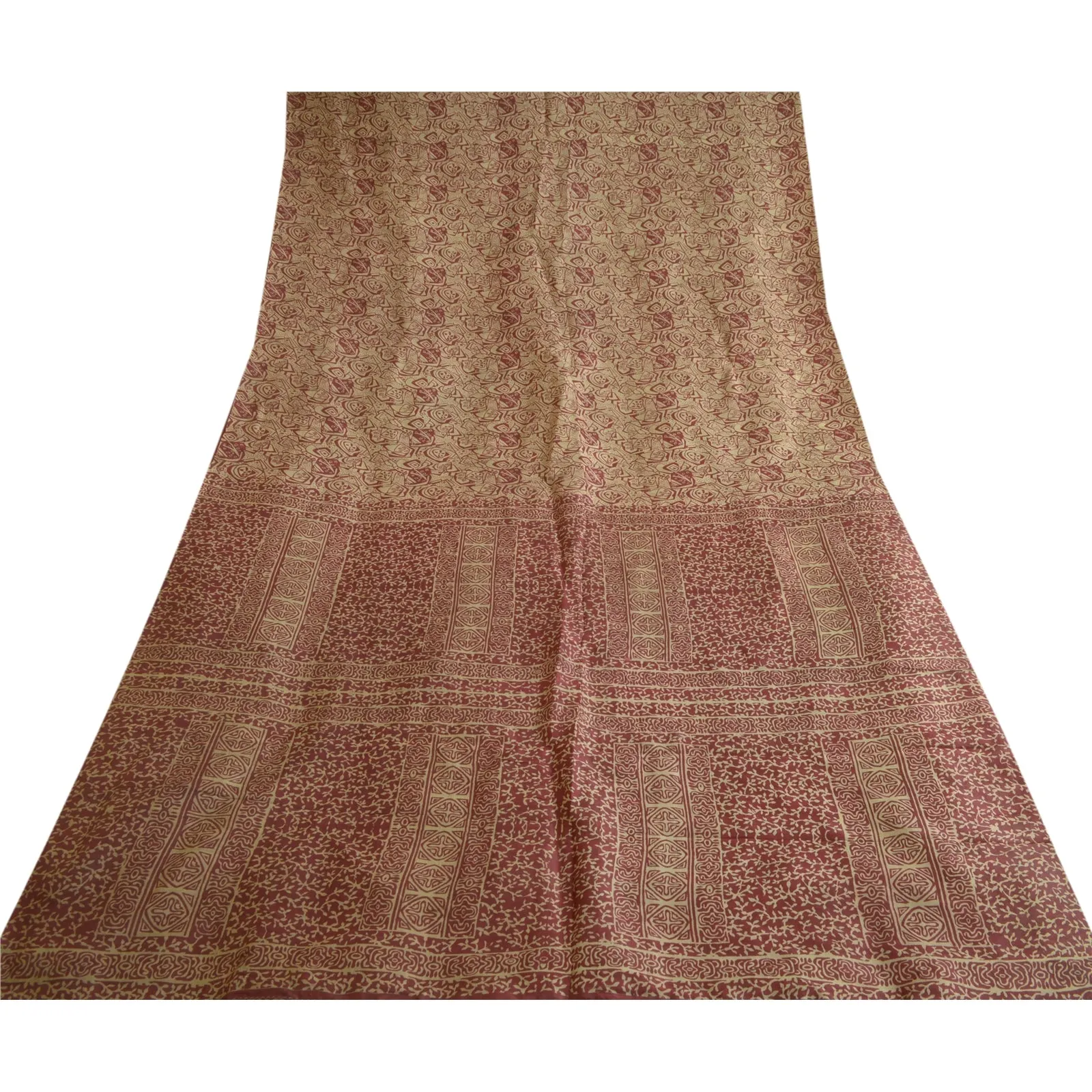 Sanskriti Vintage Sarees From India Cream/Red Pure Silk Print Sari Craft Fabric