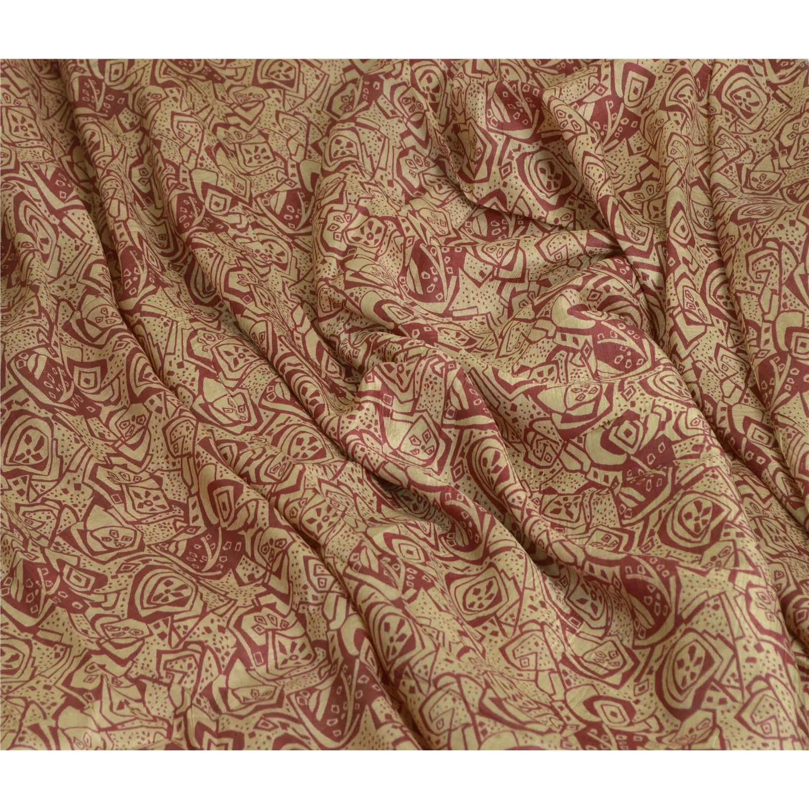 Sanskriti Vintage Sarees From India Cream/Red Pure Silk Print Sari Craft Fabric