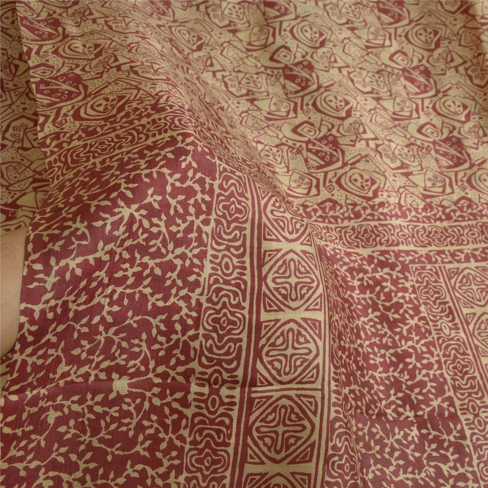 Sanskriti Vintage Sarees From India Cream/Red Pure Silk Print Sari Craft Fabric