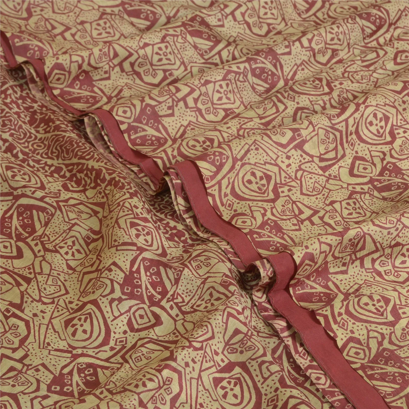 Sanskriti Vintage Sarees From India Cream/Red Pure Silk Print Sari Craft Fabric