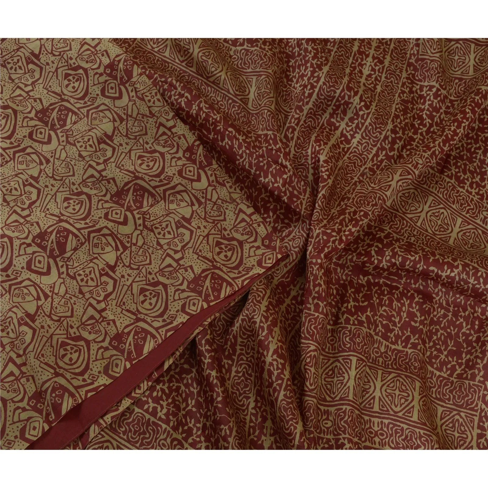 Sanskriti Vintage Sarees From India Cream/Red Pure Silk Print Sari Craft Fabric